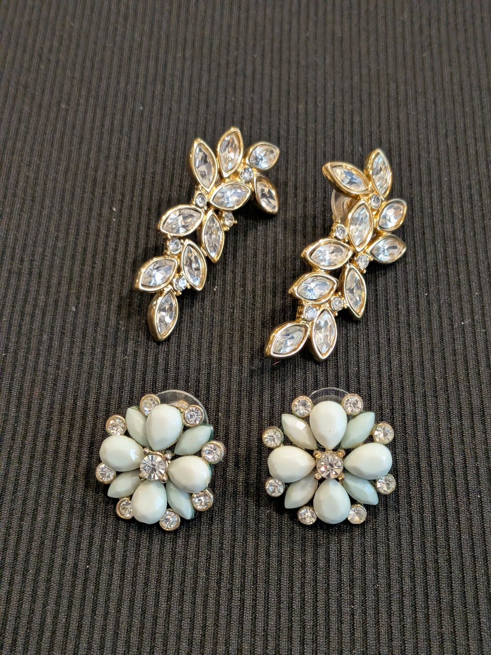 B#4:Gold-Tone Clear Crystal Leaf Earrings and Mint Floral Studs Set 4 Pieces